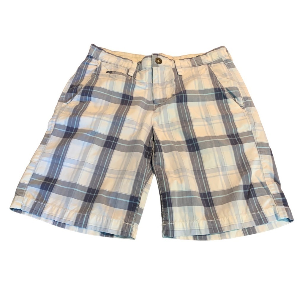 American Eagle Men’s Prep Fit Blue White Flat Front Plaid Shorts Size 30